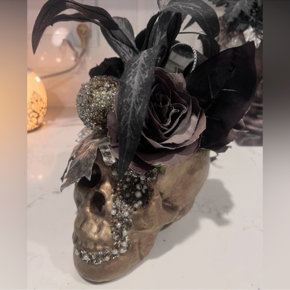 Ashland Gold Skull Vase with Black and Silver Pearl Glitter Faux Florals